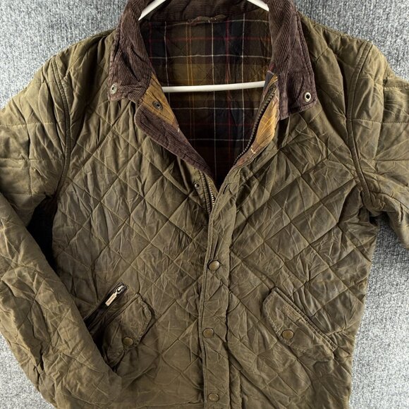 Barbour Waxed Jacket Men Full Zip Quilted Green Hunting Outdoors Small Tartan - Picture 1 of 16